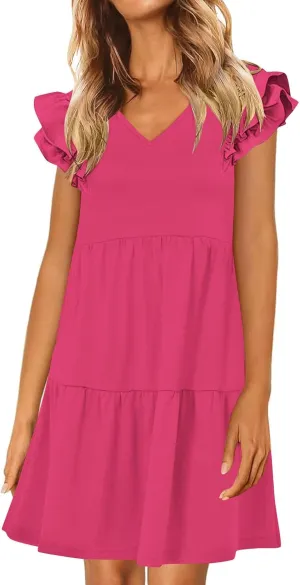 JOAU Women's Flutter Sleeve Summer Dress 2025 Casual V Neck Ruffle Flowy Tiered Knee Length A-Line Beach Vacation Sundress