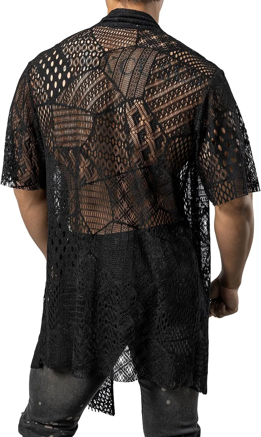 JOGAL Mens Mesh Fishnet See Through Cardigan Ruffle Shawl Collar Open Front Top