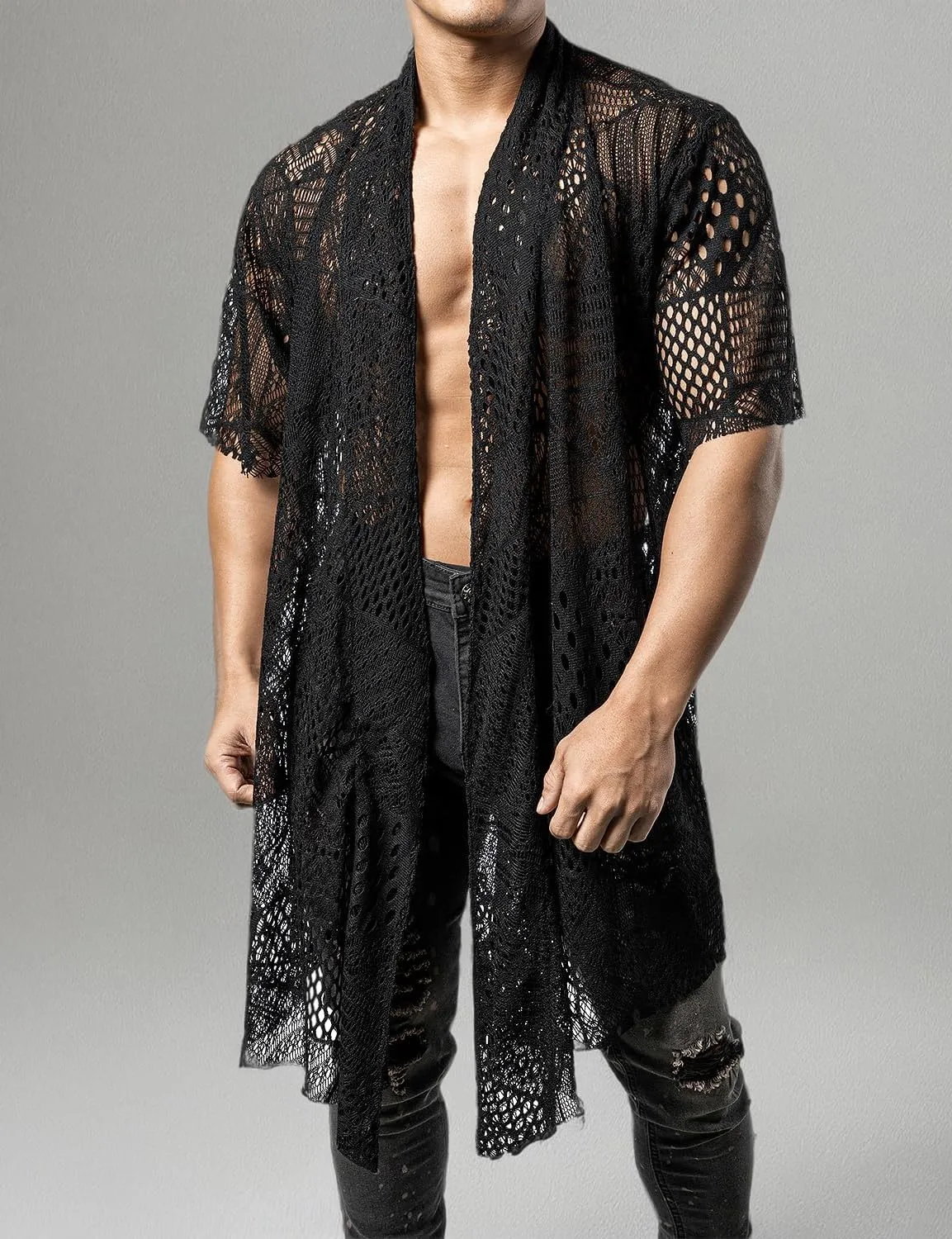 JOGAL Mens Mesh Fishnet See Through Cardigan Ruffle Shawl Collar Open Front Top