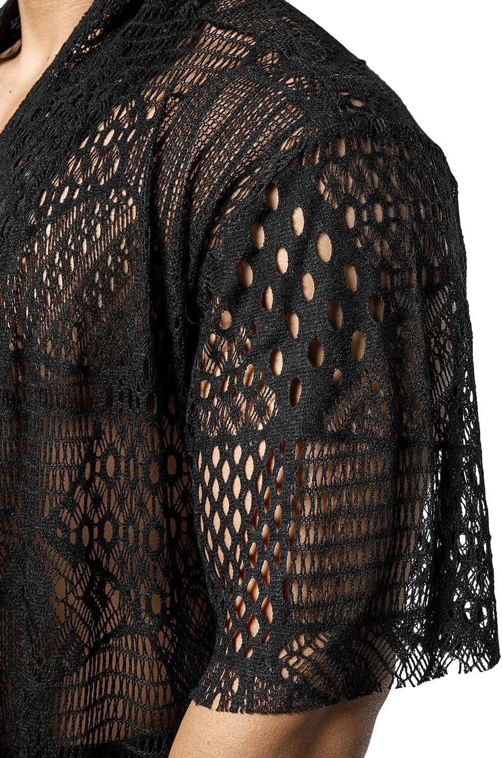 JOGAL Mens Mesh Fishnet See Through Cardigan Ruffle Shawl Collar Open Front Top