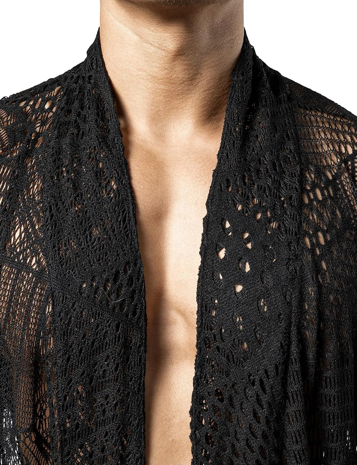 JOGAL Mens Mesh Fishnet See Through Cardigan Ruffle Shawl Collar Open Front Top