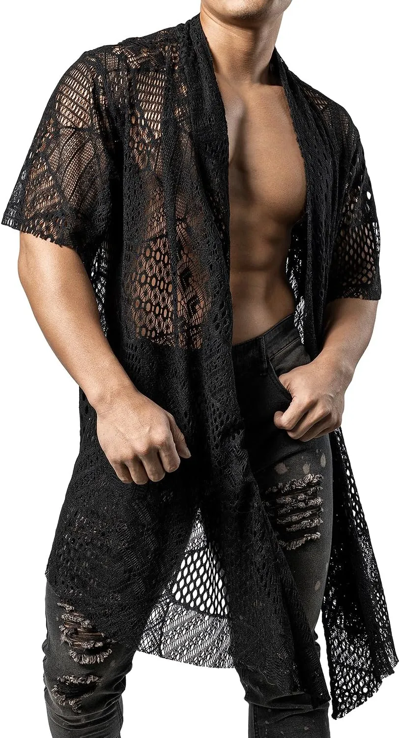 JOGAL Mens Mesh Fishnet See Through Cardigan Ruffle Shawl Collar Open Front Top