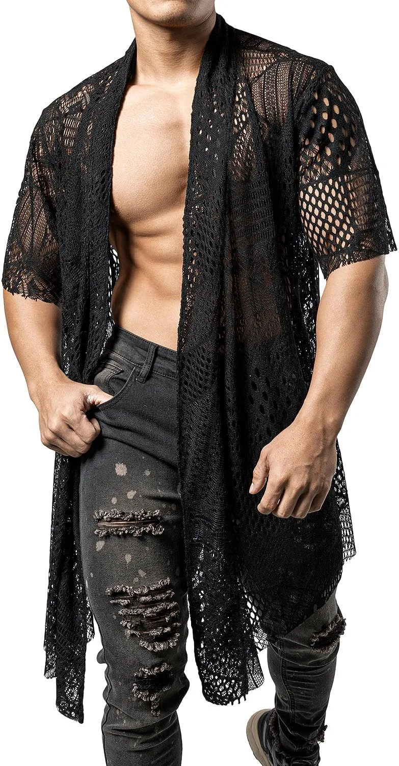 JOGAL Mens Mesh Fishnet See Through Cardigan Ruffle Shawl Collar Open Front Top