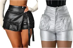 KANSOON Women Leather Shorts Metallic High Waisted Cargo Skort Rave Asymmetrical Skirt Skorts M