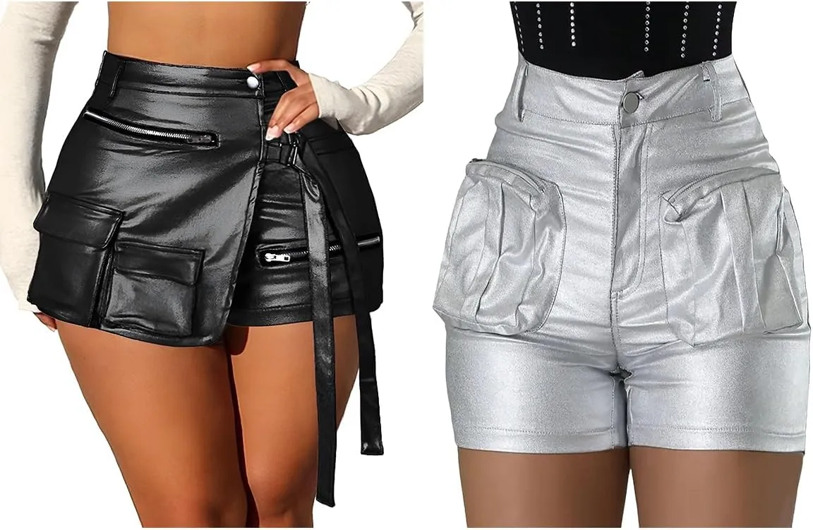 KANSOON Women Leather Shorts Metallic High Waisted Cargo Skort Rave Asymmetrical Skirt Skorts M