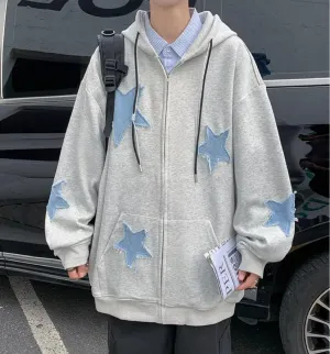 Kelabia Aesthetic Y2K Zip Up Hoodie Vintage Star Patchwork Oversized Hoodie Goth Grunge Clothes Vintage Streetwear Jacket