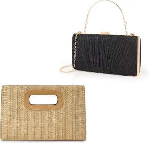 Khaki Top Handle Straw Clutch Handbags for Women with Black Evening Clutch Purse