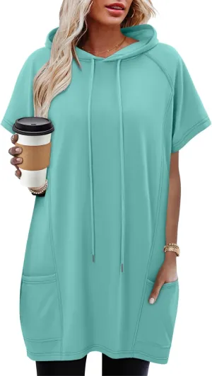 KISSMODA Long Shirts for Women Plus Size Summer Dresses 2025 Pullover Hoodies Short Sleeve Tunic Tops With Pockets