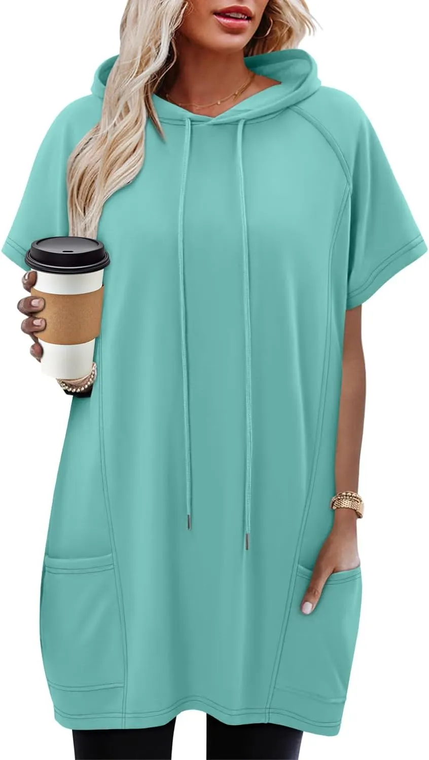 KISSMODA Long Shirts for Women Plus Size Summer Dresses 2025 Pullover Hoodies Short Sleeve Tunic Tops With Pockets