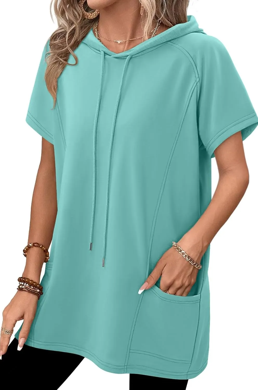 KISSMODA Long Shirts for Women Plus Size Summer Dresses 2025 Pullover Hoodies Short Sleeve Tunic Tops With Pockets