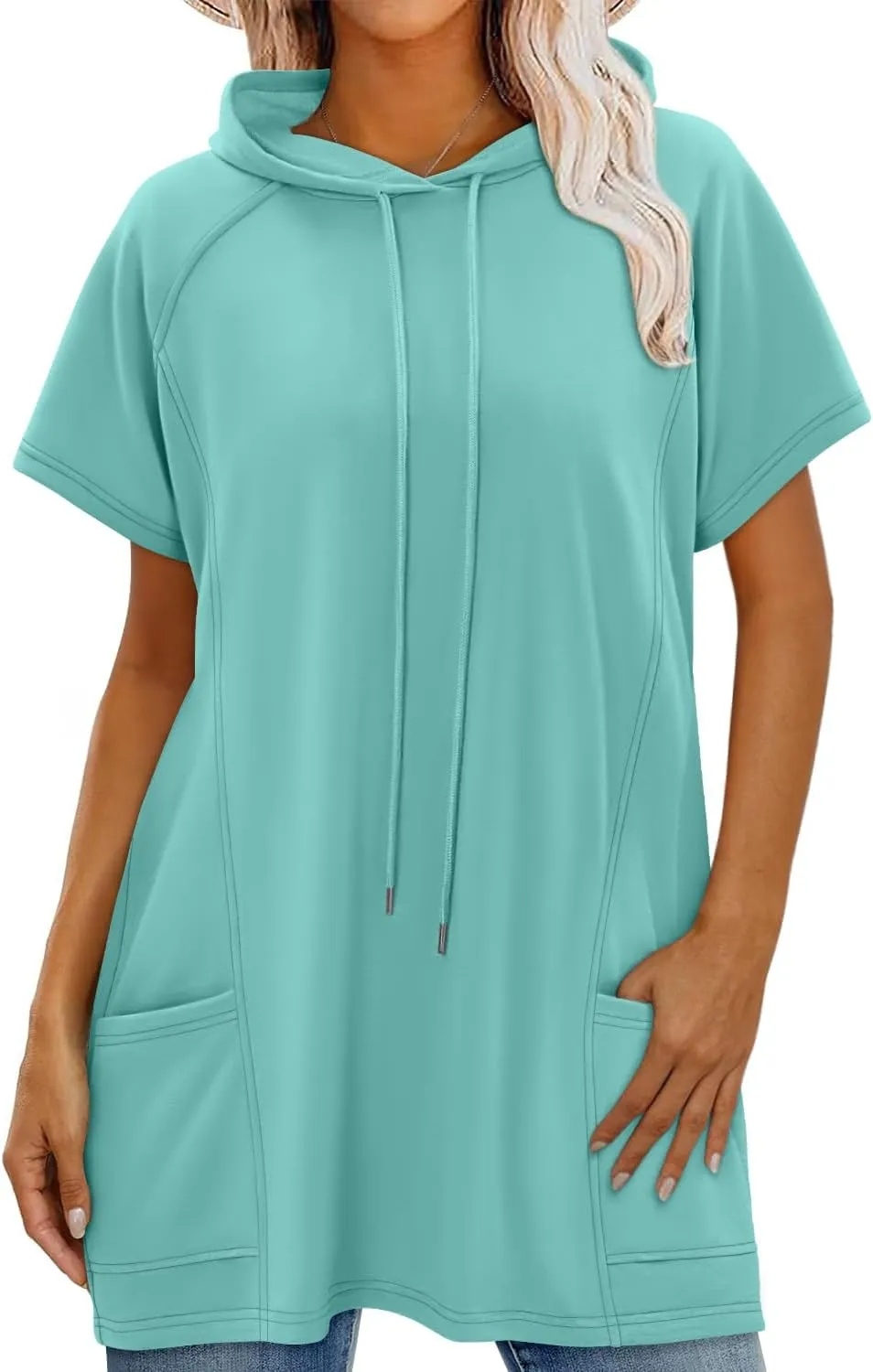 KISSMODA Long Shirts for Women Plus Size Summer Dresses 2025 Pullover Hoodies Short Sleeve Tunic Tops With Pockets