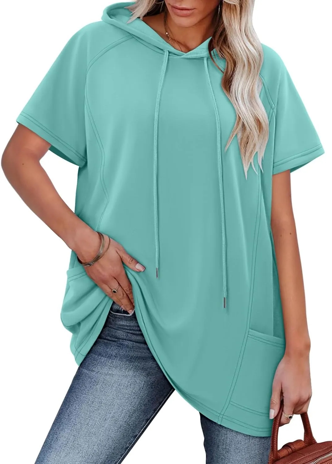 KISSMODA Long Shirts for Women Plus Size Summer Dresses 2025 Pullover Hoodies Short Sleeve Tunic Tops With Pockets