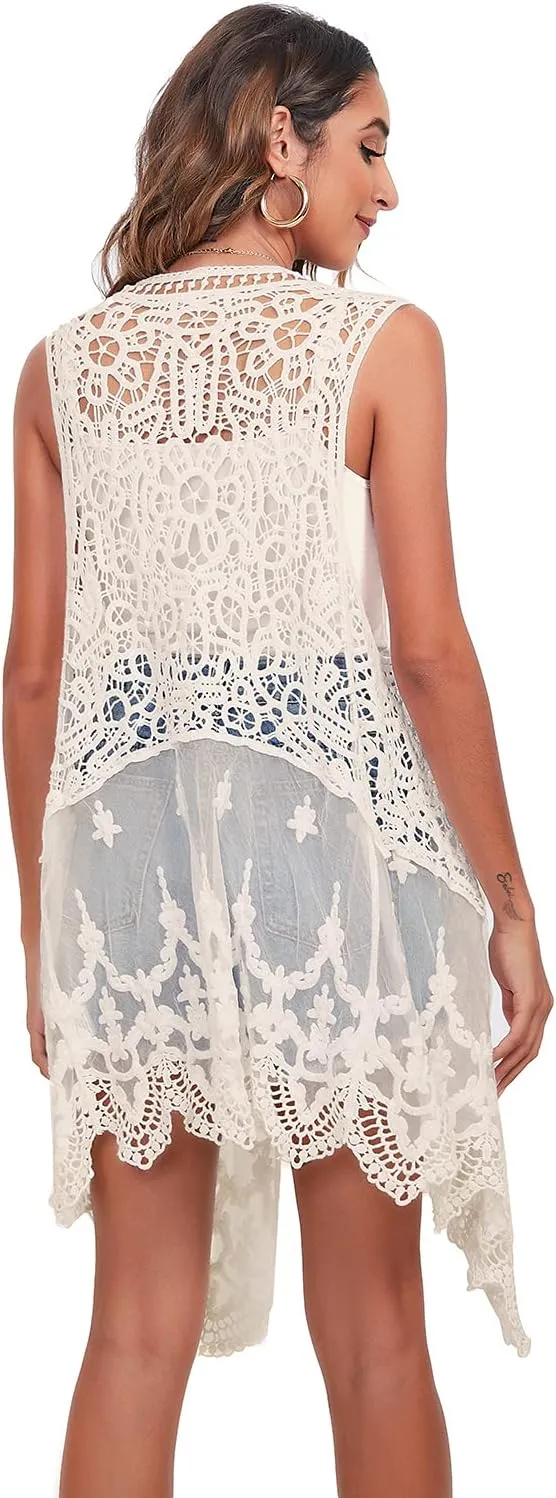 Lace Front Open Sleeveless Top Cardigan Crochet Vest Bikini Cover up Summer Beachwear
