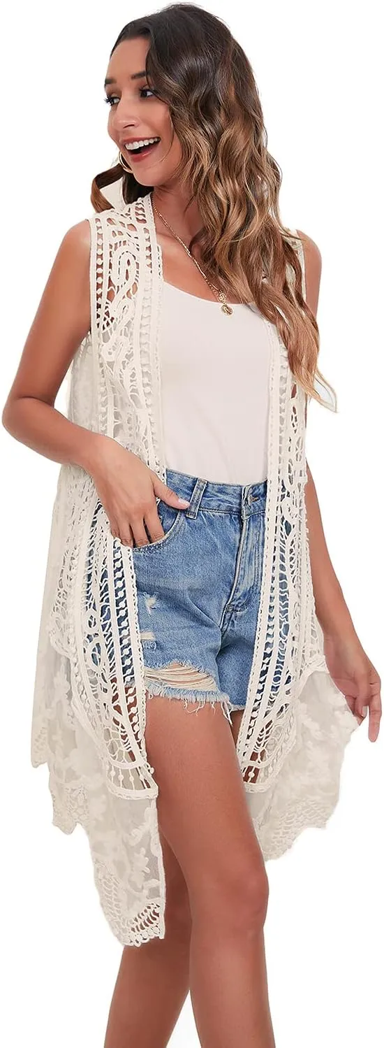 Lace Front Open Sleeveless Top Cardigan Crochet Vest Bikini Cover up Summer Beachwear