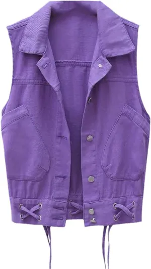 Ladies Spring Sleeveless Jacket Lapel Vest Denim Jacket Pocket Jeans Button Vest