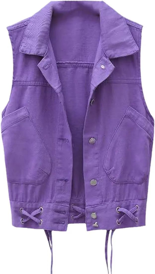 Ladies Spring Sleeveless Jacket Lapel Vest Denim Jacket Pocket Jeans Button Vest