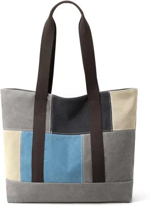 Large Capacity Top Handle Retro Hobo Women's Canvas Handbag Casual Shoulder Patchwork Tote