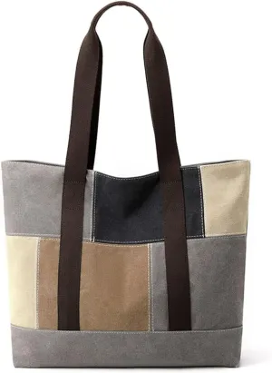 Large Capacity Top Handle Retro Hobo Women's Canvas Handbag Casual Shoulder Patchwork Tote