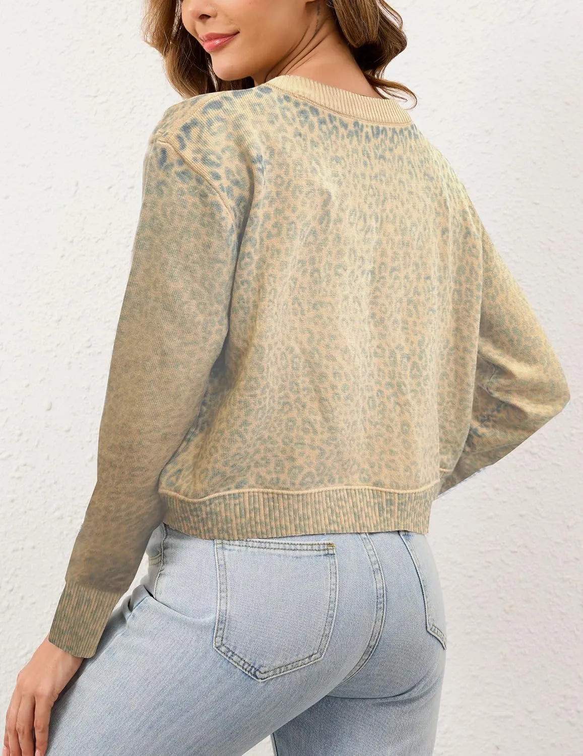 Leopard Cardigan Open Front Button Up Sweaters for Women Long Sleeve Shrug Cheetah Print Top Cropped Cardigan Jackets