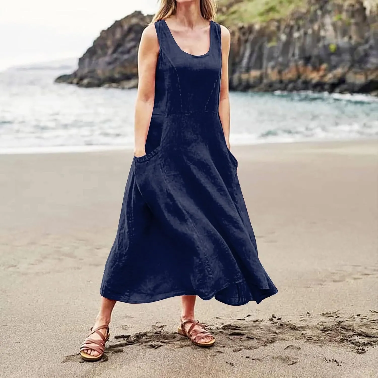 Linen Dress for Women Summer Sleeveless Solid Casual Baggy Flowy Maxi Dresses Plus Size Sundress with Pockets