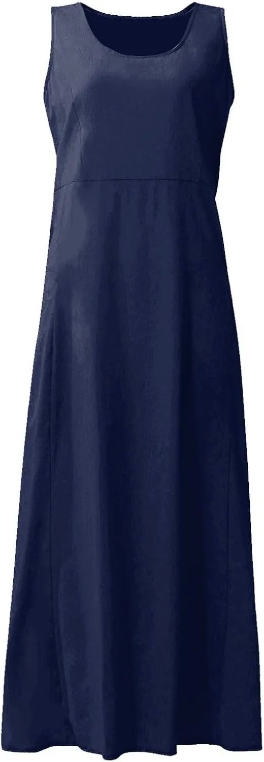 Linen Dress for Women Summer Sleeveless Solid Casual Baggy Flowy Maxi Dresses Plus Size Sundress with Pockets