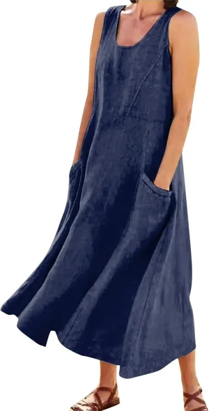Linen Dress for Women Summer Sleeveless Solid Casual Baggy Flowy Maxi Dresses Plus Size Sundress with Pockets