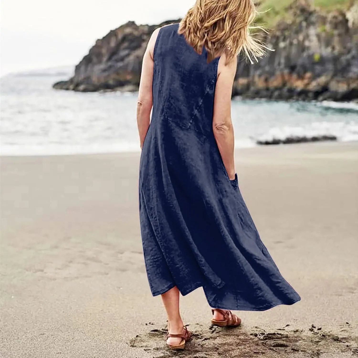 Linen Dress for Women Summer Sleeveless Solid Casual Baggy Flowy Maxi Dresses Plus Size Sundress with Pockets