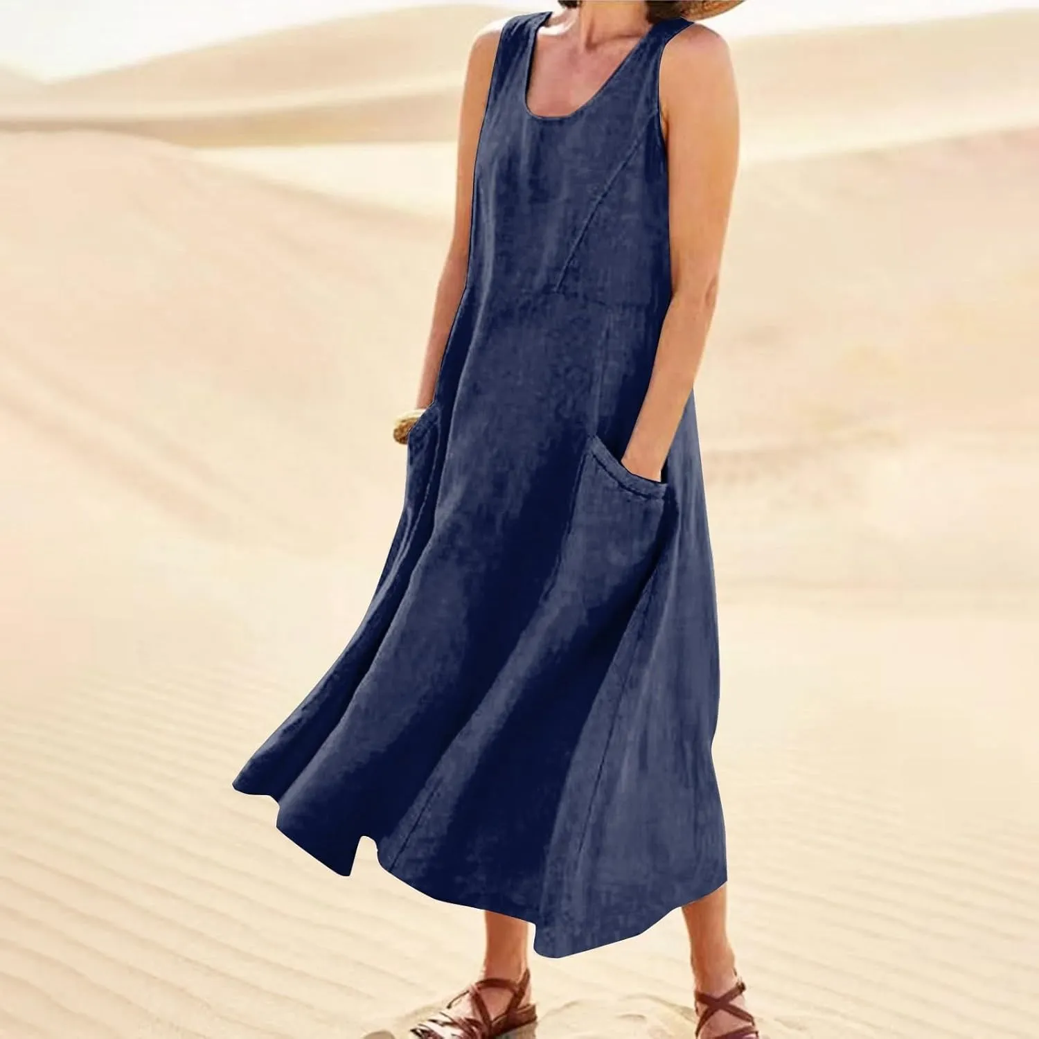 Linen Dress for Women Summer Sleeveless Solid Casual Baggy Flowy Maxi Dresses Plus Size Sundress with Pockets