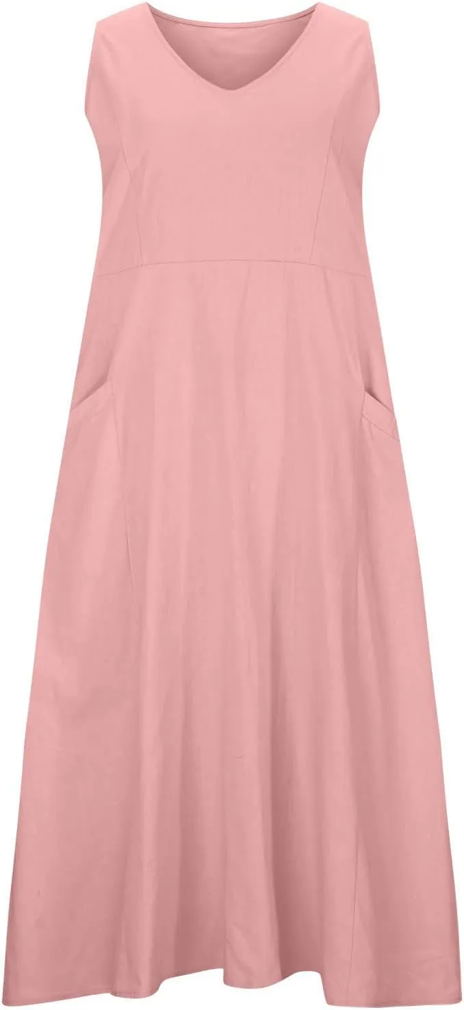 Linen Dresses Women Casual 2025 Solid Color Sleeveless Maxi Dress with Pockets V-Neck Trendy Loose Beach Sun Dress