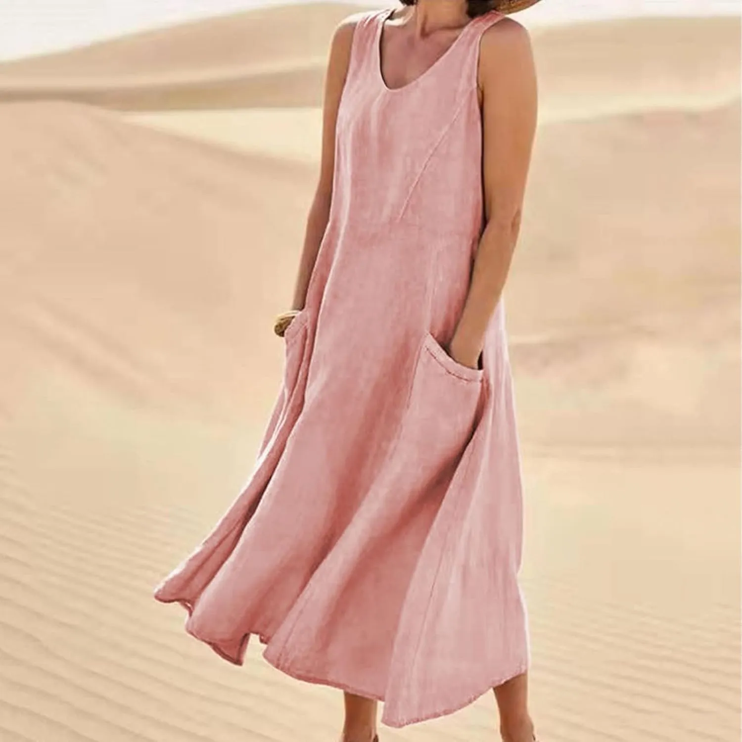 Linen Dresses Women Casual 2025 Solid Color Sleeveless Maxi Dress with Pockets V-Neck Trendy Loose Beach Sun Dress