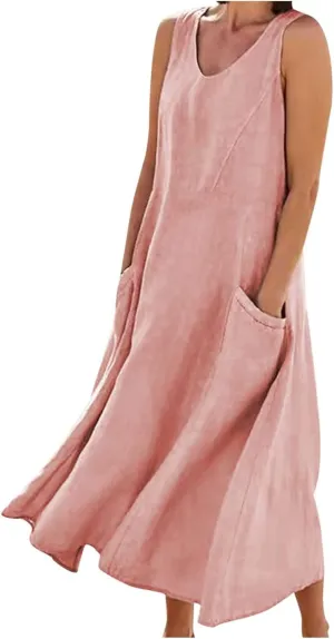 Linen Dresses Women Casual 2025 Solid Color Sleeveless Maxi Dress with Pockets V-Neck Trendy Loose Beach Sun Dress