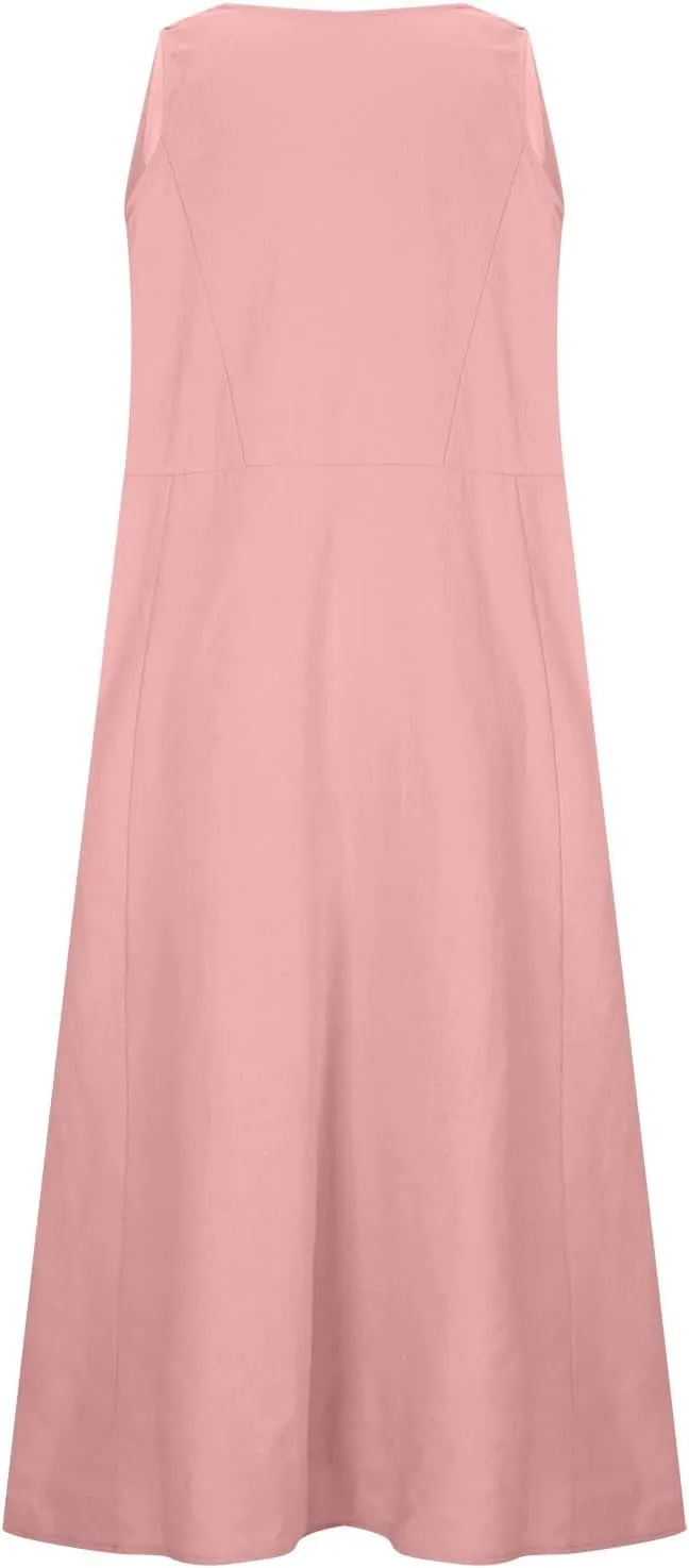 Linen Dresses Women Casual 2025 Solid Color Sleeveless Maxi Dress with Pockets V-Neck Trendy Loose Beach Sun Dress