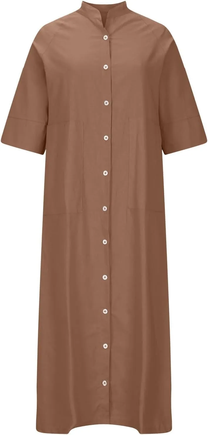 Linen Shirt Dress Women Summer Half Sleeve Lapel Casual Button Down Cotton Tunic Midi Dresses with Pockets Plus Size
