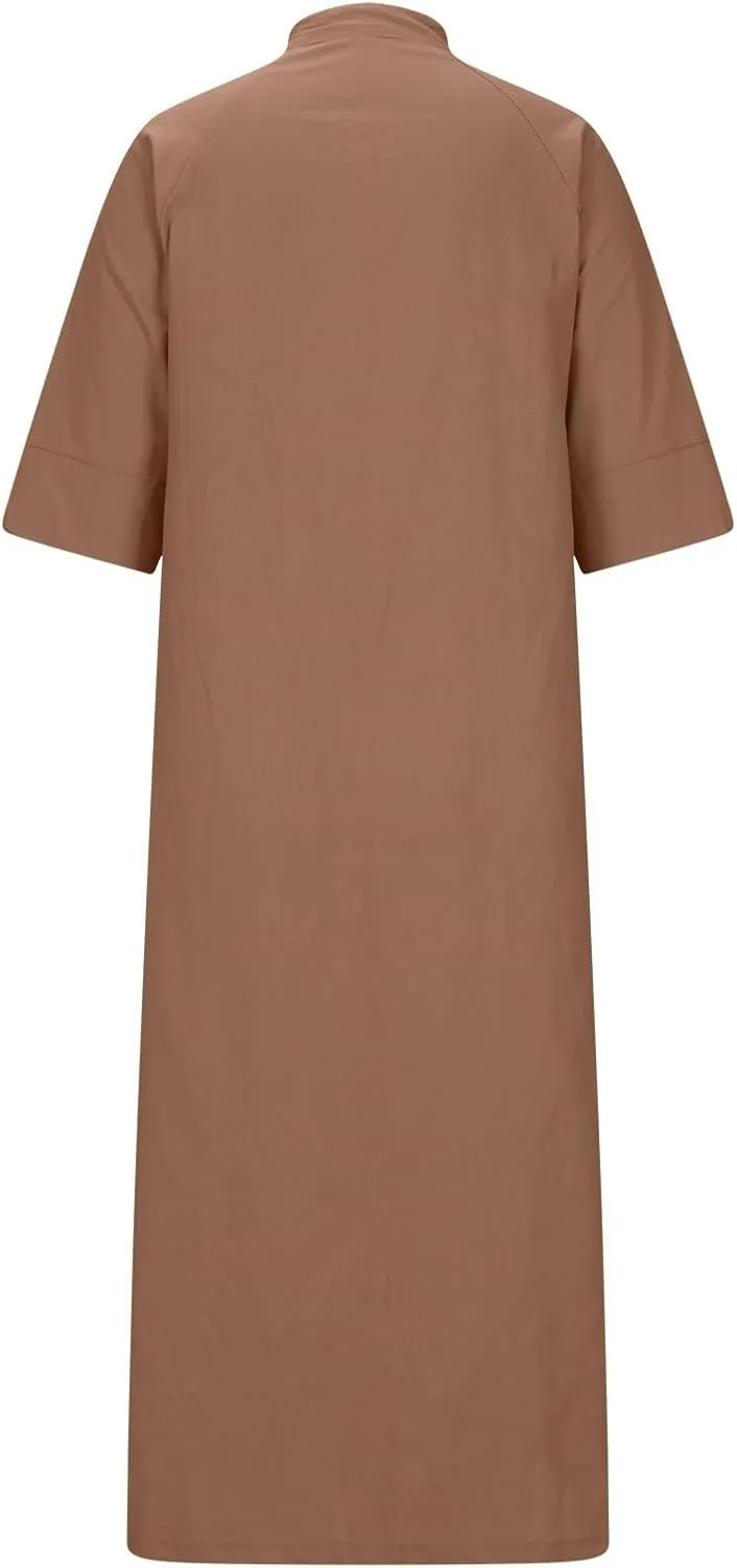 Linen Shirt Dress Women Summer Half Sleeve Lapel Casual Button Down Cotton Tunic Midi Dresses with Pockets Plus Size