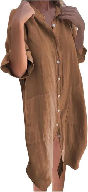 Linen Shirt Dress Women Summer Half Sleeve Lapel Casual Button Down Cotton Tunic Midi Dresses with Pockets Plus Size