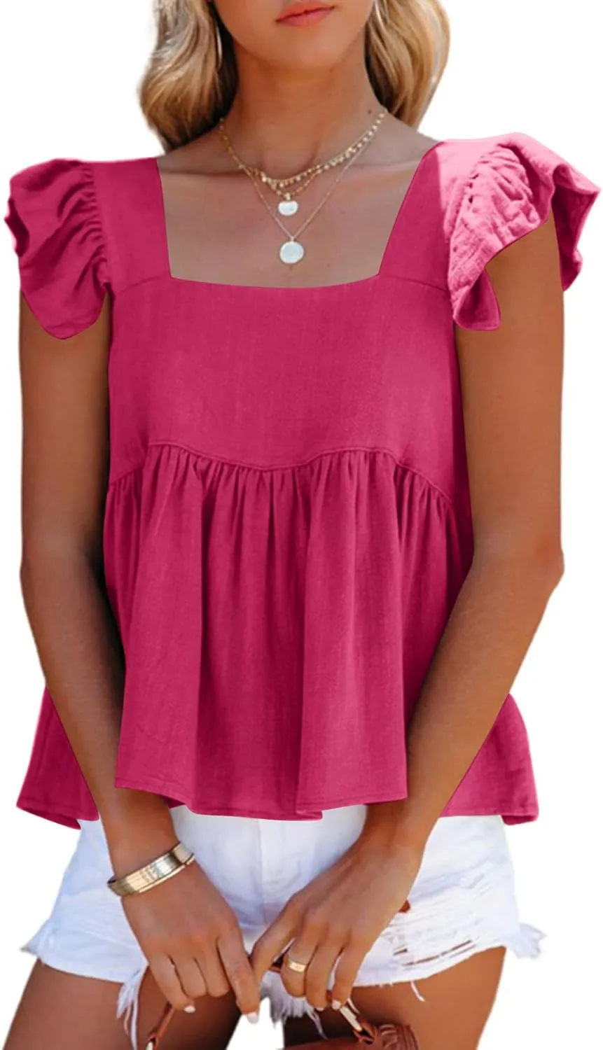 LYANER Women's Summer Sleeveless Peplum Blouse Square Neck Ruffle Strap Babydoll Tank Top