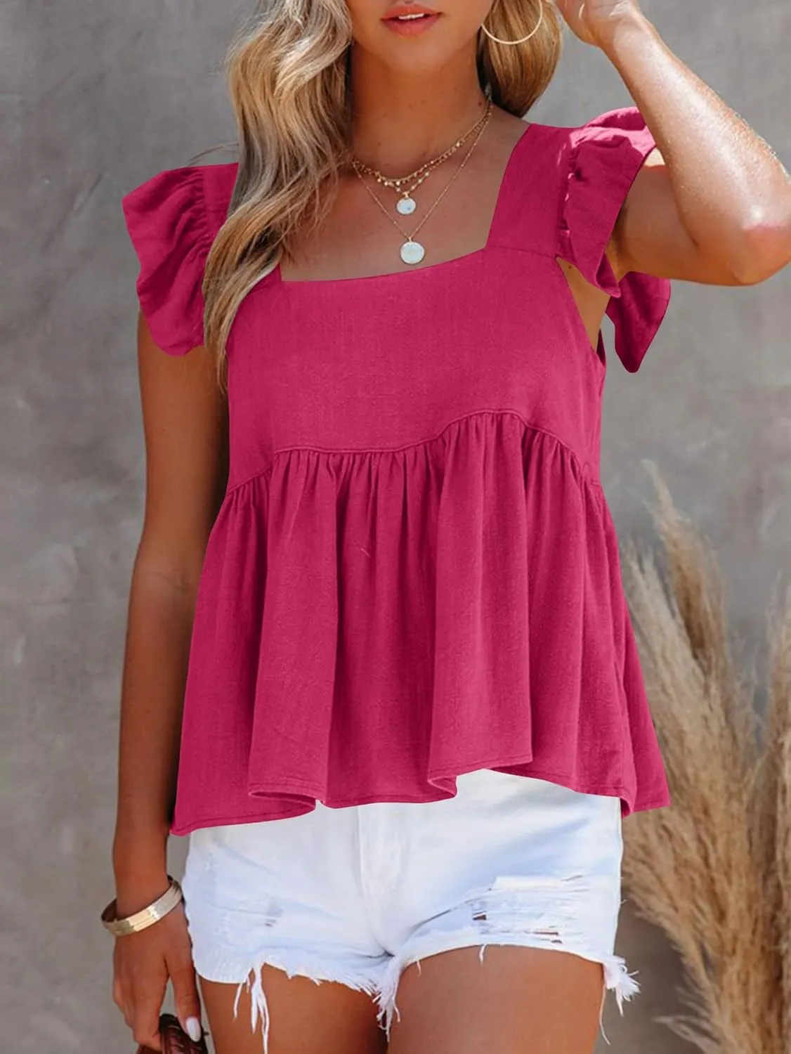 LYANER Women's Summer Sleeveless Peplum Blouse Square Neck Ruffle Strap Babydoll Tank Top