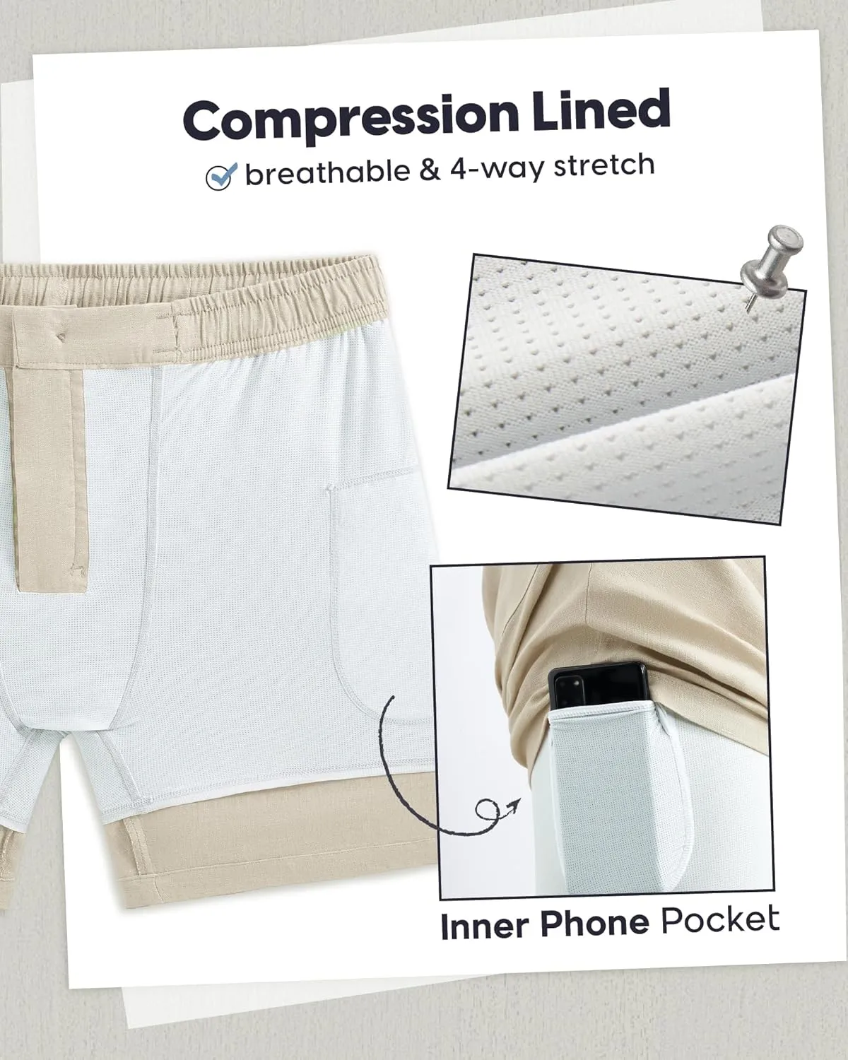 maamgic Mens Casual Linen Shorts 5/7 Inch Elastic Waist Drawstring Summer 2 in 1 Beach Shorts with Pockets