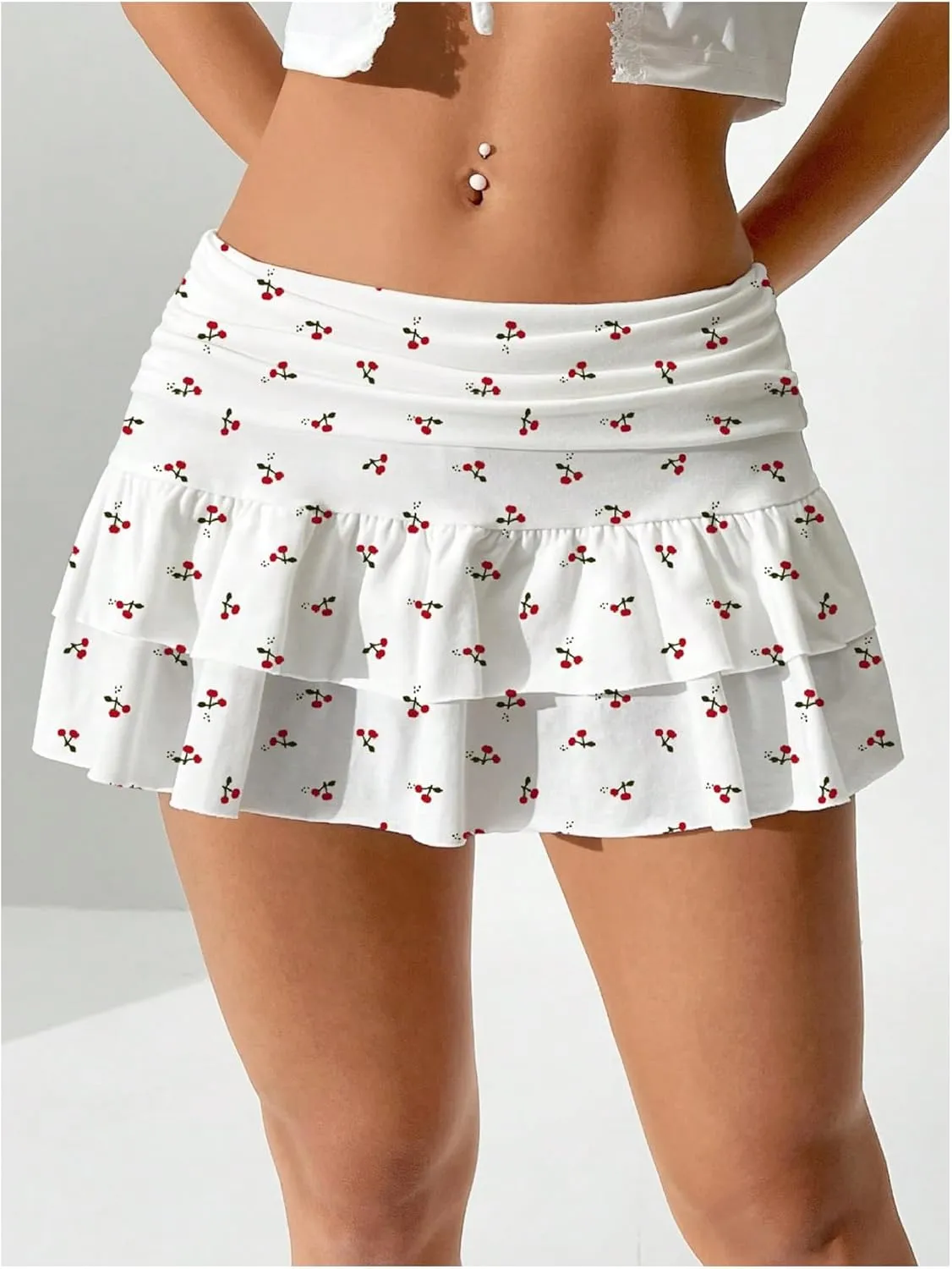 MakeMeChic Women's Cherry Print Cake Skirt Tiered Ruffle Y2k Mini Skirts Skorts