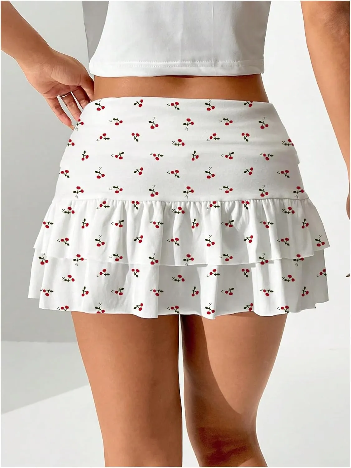 MakeMeChic Women's Cherry Print Cake Skirt Tiered Ruffle Y2k Mini Skirts Skorts