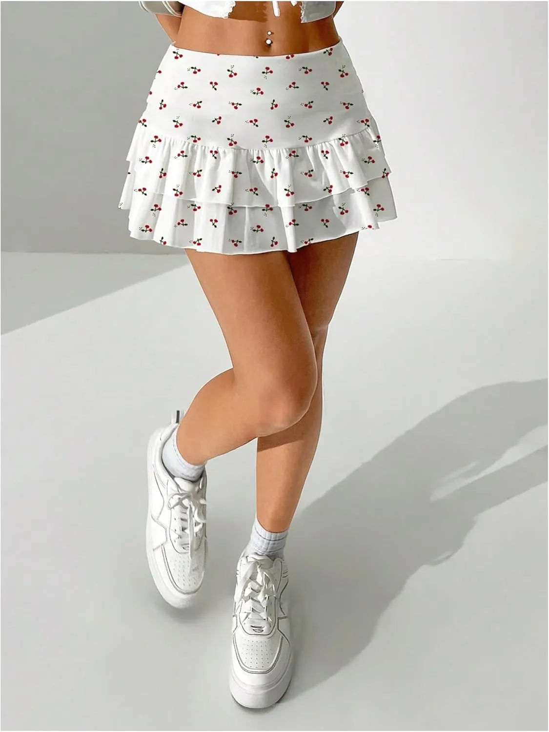 MakeMeChic Women's Cherry Print Cake Skirt Tiered Ruffle Y2k Mini Skirts Skorts