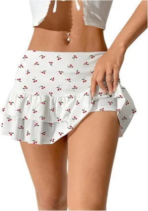 MakeMeChic Women's Cherry Print Cake Skirt Tiered Ruffle Y2k Mini Skirts Skorts