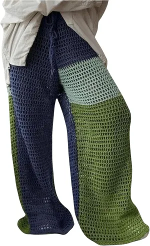 MakeMeChic Women's Crochet Wide Leg Pants Tie Waist Colorblock Hollow Out Trousers Knit Baggy Y2K Trousers