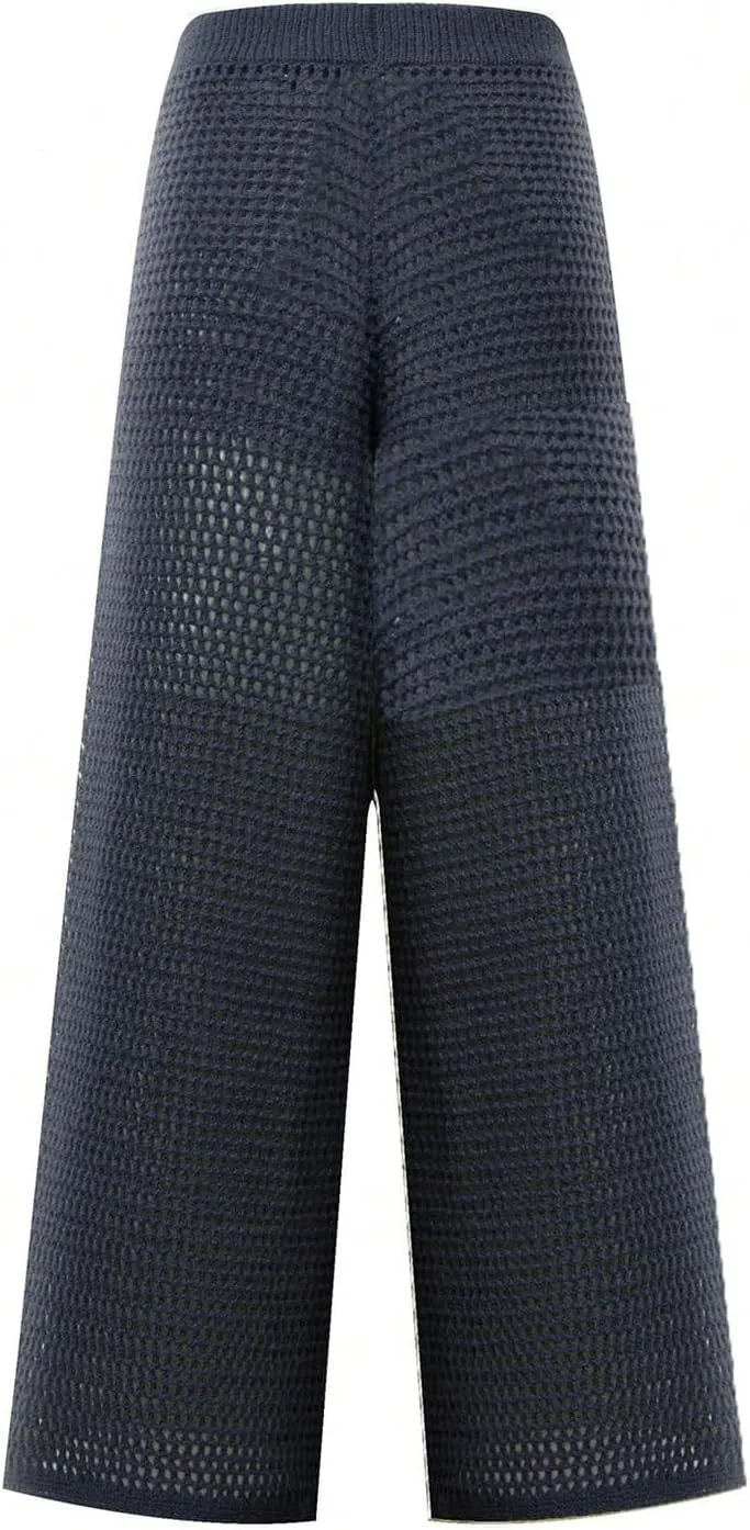 MakeMeChic Women's Crochet Wide Leg Pants Tie Waist Colorblock Hollow Out Trousers Knit Baggy Y2K Trousers