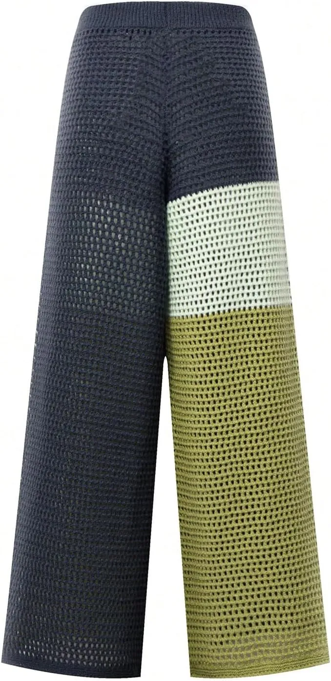 MakeMeChic Women's Crochet Wide Leg Pants Tie Waist Colorblock Hollow Out Trousers Knit Baggy Y2K Trousers