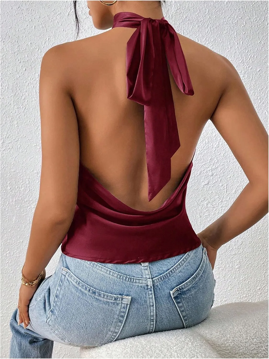 MakeMeChic Women's Halter Tops Satin Silk Backless Sleeveless Summer Camisole Going Out Top