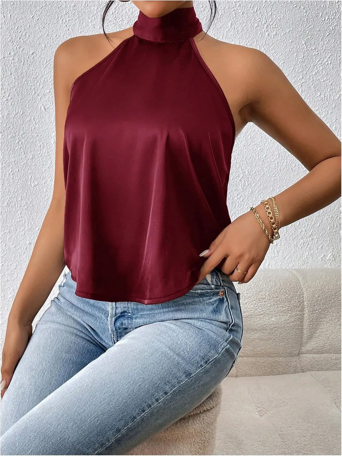 MakeMeChic Women's Halter Tops Satin Silk Backless Sleeveless Summer Camisole Going Out Top