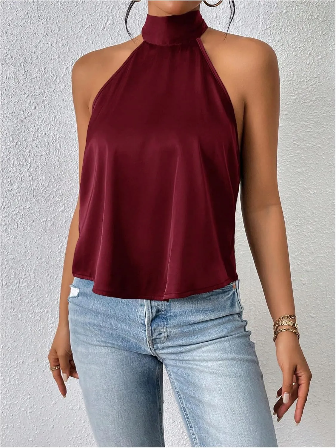 MakeMeChic Women's Halter Tops Satin Silk Backless Sleeveless Summer Camisole Going Out Top