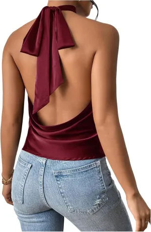 MakeMeChic Women's Halter Tops Satin Silk Backless Sleeveless Summer Camisole Going Out Top