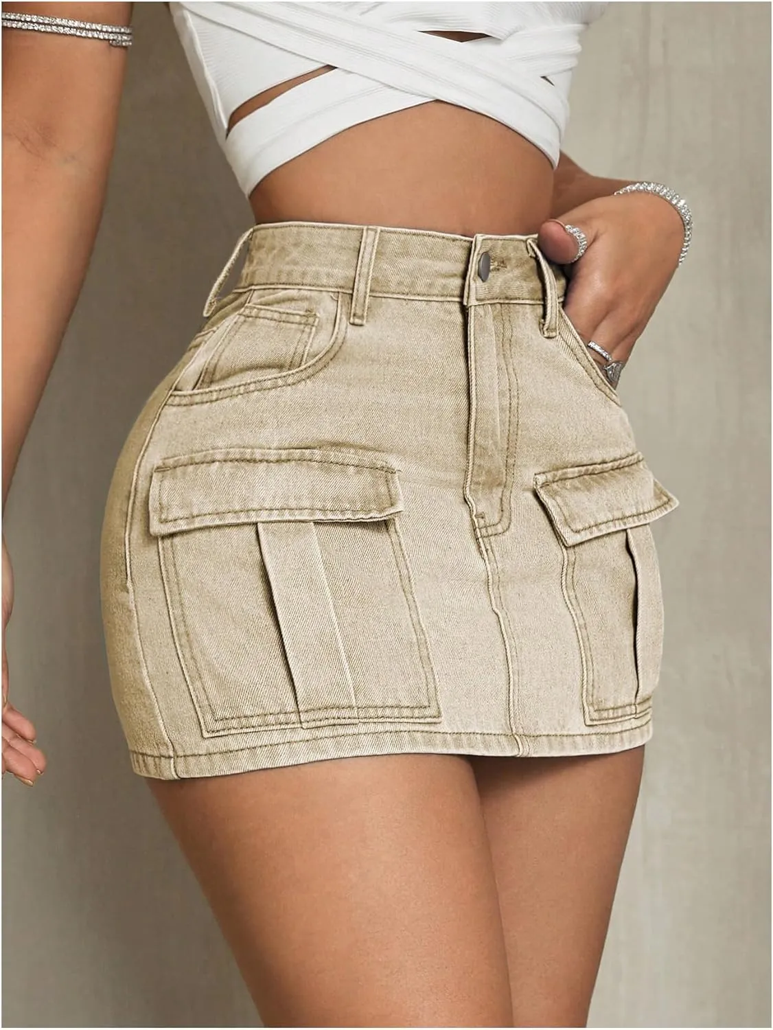 MakeMeChic Women's High Waist Jean Shirts Zip Fly Flap Pocket Bodycon Mini Denim Skirt